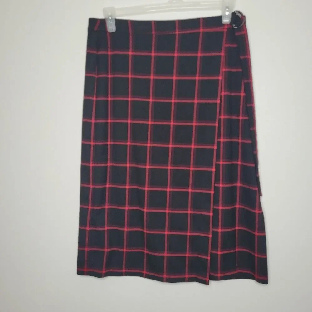 Banana Republic black red plaid faux wrap goth punk academia skirt size 16